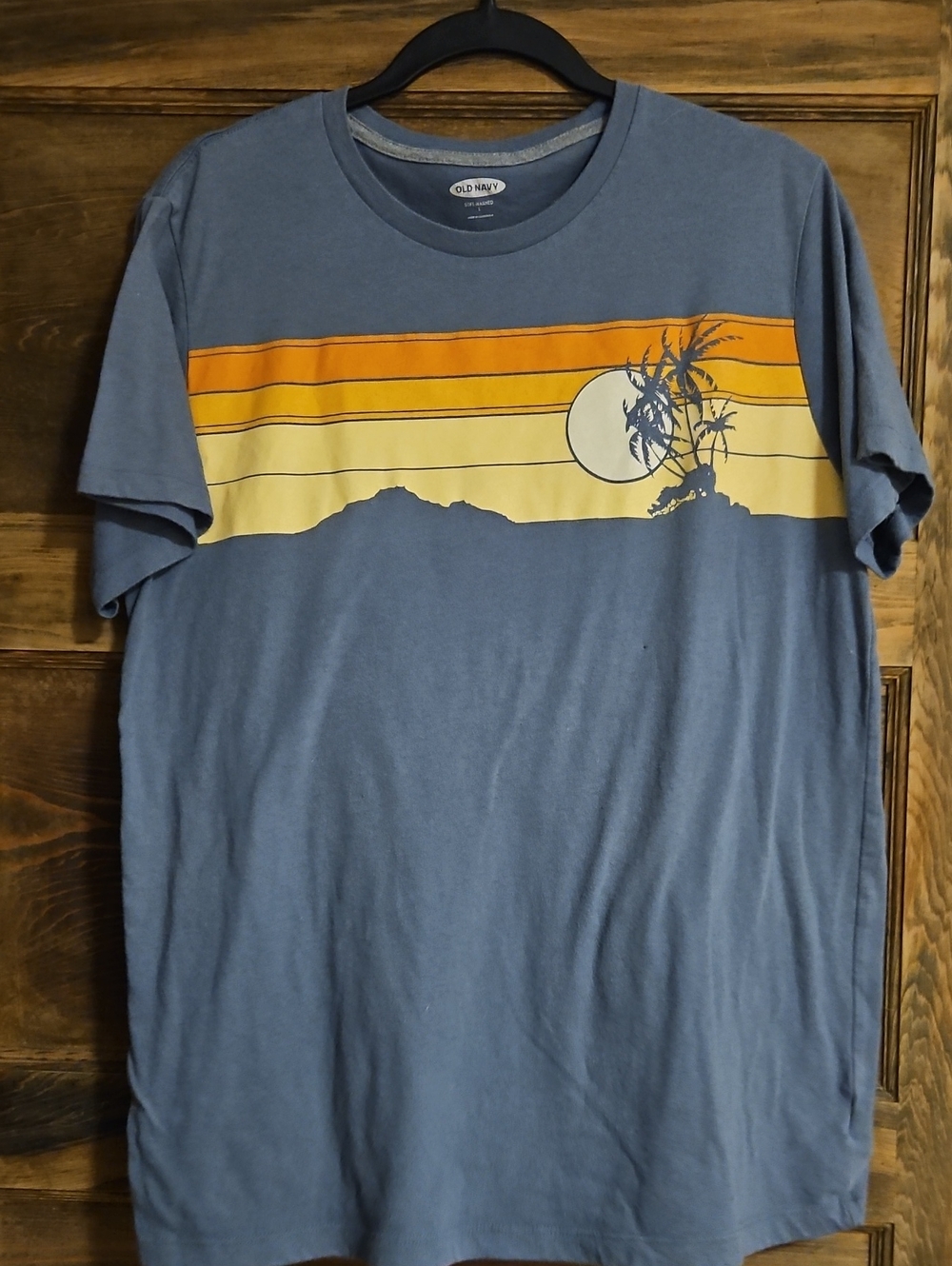 Old Navy Men's Blue Graphic Sunset Tee with Orange and Cream Accents
